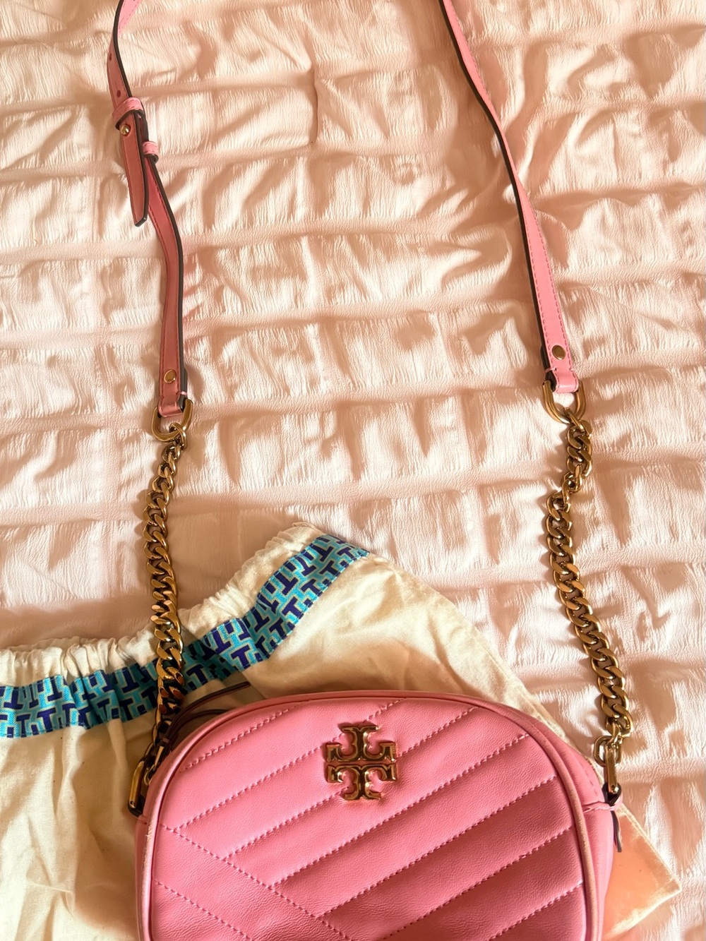 Tory Burch Pink Quilted Leather Crossbody with Gold Chain